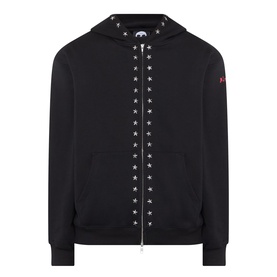 Pleasures black cotton zip-up hoodie with star-stud trim along zip placket and hood, kangaroo pocket