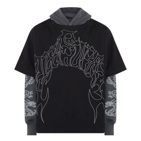 Pleasures black cotton hoodie with short sleeves, grey hood, and gothic arch graphic print with flame detailing