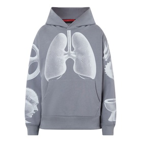 Pleasures grey cotton hoodie with oversized anatomical lungs and skull graphic print, kangaroo pocket, and drawstring hood