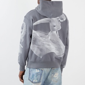 Model wearing Pleasures grey cotton hoodie, back view, large geometric horse graphic print, worn with distressed blue jeans