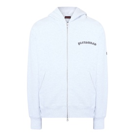 Pleasures grey zip-through hoodie with gothic logo print, drawstring hood, and small arm badge detail