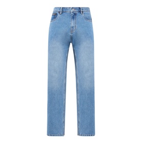 Pleasures indigo straight-leg jeans in light blue denim wash, five-pocket styling with relaxed fit