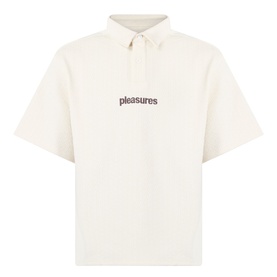Pleasures Cable Logo Polo Shirt in ecru with button placket, short sleeves, chest logo, and cable-knit textured finish