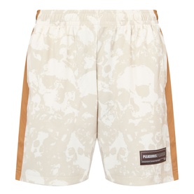 Pleasures ecru shorts with floral print, tan side panels, elasticated waistband, and branded label at hem