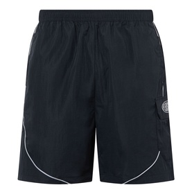 Pleasures black nylon shorts with contrast white piping, elasticated waist, and circular logo badge on leg