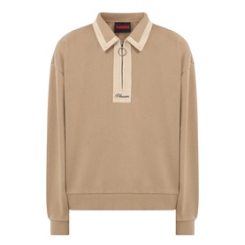Pleasures tan cotton sweatshirt with contrast cream polo collar, zip placket, and branded label patch on chest