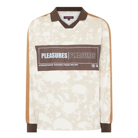 Pleasures ecru cotton long-sleeve T-shirt with brown graphic chest panel, floral print body, and camel sleeve stripe detailing