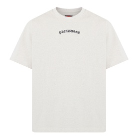 Pleasures oatmeal cotton T-shirt with gothic logo embroidery at chest, crew neck and short sleeves