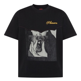 Pleasures Ritual Graphic Print Logo T-Shirt in black with front graphic print and gold logo lettering, crew neck, short sleeves