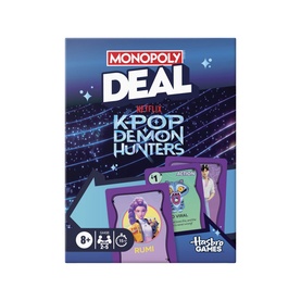 K-Pop Demon Hunters Monopoly Deal card game, multi-coloured box featuring animated characters, for ages 8 and up, includes 110 cards
