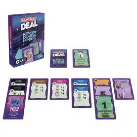K-Pop Demon Hunters Monopoly Deal card game, box and spread of multicoloured game cards including Wild Item and property cards displayed flat