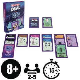 K-Pop Demon Hunters Monopoly Deal card game, multi-coloured cards spread out, for ages 8+, 2&ndash;5 players, 15-minute gameplay
