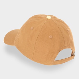 Tan cotton baseball cap, rear view showing gold-tone eyelet and adjustable strap fastening