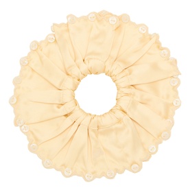 Damson Madder yellow oversized scrunchie with pleated fabric and pearl-style button trim detail