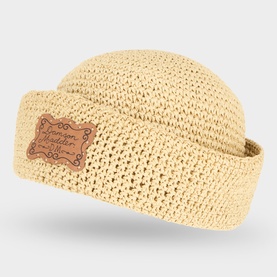 Damson Madder Natural crochet paper sun hat with folded brim and brown leather logo patch