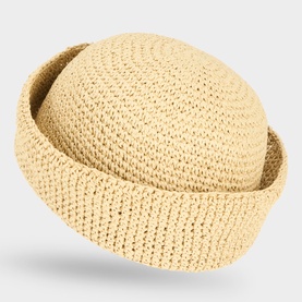 Damson Madder Natural sun hat in paper straw with rolled brim, cream tonal crochet texture, no model