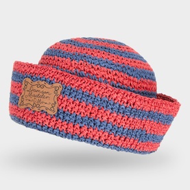 Damson Madder Sun Hat in navy and red stripe, crochet paper construction with wide brim and branded leather-look label patch.