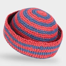 Damson Madder navy and red stripe crochet paper sun hat with rolled brim, shown from above at an angle.