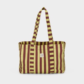 Damson Madder Green Stripe cotton tote bag with bold vertical stripes, twin shoulder straps, and small logo label