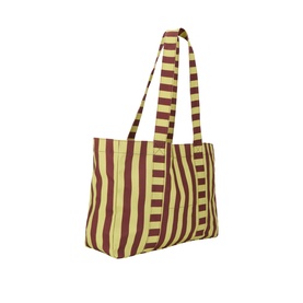 Damson Madder Green Stripe cotton tote bag with burgundy vertical stripes, twin shoulder handles, structured base, no hardware