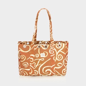 Damson Madder brown cotton tote bag with cream swirl print, twin top handles and silver-tone hardware detail