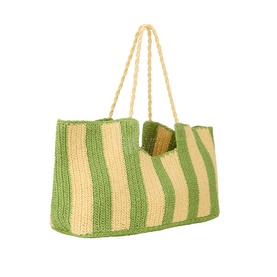 Damson Madder Apple Stripe paper tote bag with green and natural vertical stripes, rope handles, and a small green pom-pom charm