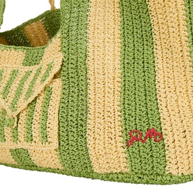 Damson Madder Apple Stripe crochet paper tote bag, green and cream stripe detail with red embroidered logo