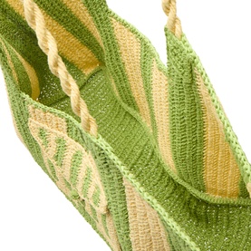 Damson Madder Apple Stripe paper tote bag, green and natural stripe woven detail with twisted rope handles, close-up view