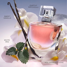 Lanc&ocirc;me La Vie Est Belle Eau de Parfum 50ml Day Set, glass bottle with pink juice, styled with white iris, vanilla, and patchouli botanicals