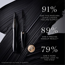 Lanc&ocirc;me black mascara wand with brush shown alongside consumer test statistics: 91%, 89%, and 79% results on dark textured background.