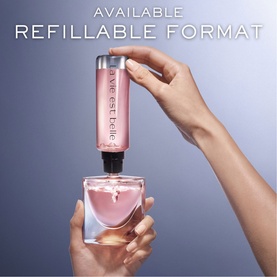 Lanc&ocirc;me La Vie Est Belle Eau de Parfum 50ml refillable bottle with refill cartridge, shown in pink flacon with black cap