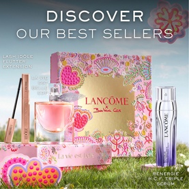 Lanc&ocirc;me La Vie Est Belle Eau de Parfum 50ml Day Set in floral gift box, styled with lash mascara and H.C.F. Triple Serum