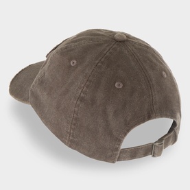 Pleasures Bubble Rip Logo Baseball Cap in brown, rear view showing adjustable strap fastening, distressed cotton with vintage wash finish.