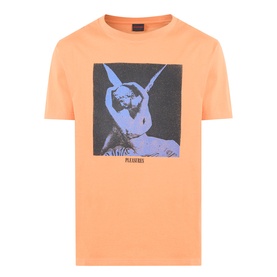 Pleasures orange cotton T-shirt with blue photographic graphic print of classical sculpture on chest