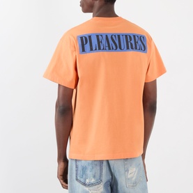 Model wearing Pleasures orange cotton T-shirt, back view showing bold blue graphic logo print, styled with light wash jeans.