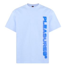 Pleasures Buzzed Logo T-Shirt in sky blue with vertical bold blue logo lettering along the side, crew neck, short sleeves, straight hem
