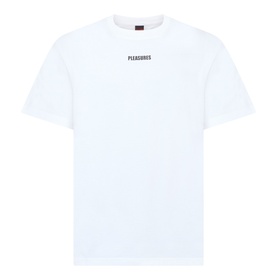 Pleasures white cotton T-shirt with centre chest logo print, crew neck and short sleeves