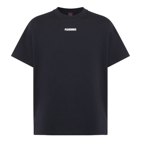 Pleasures black cotton T-shirt with small white logo print at centre chest, crew neck and short sleeves