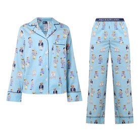 Polo nightwear set in All Over Bear print, light blue cotton, long-sleeve button-up shirt and elasticated waist trousers