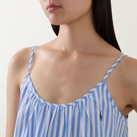 Model wearing Polo Night Dress in White Cloud x Hydrangea blue stripe, spaghetti straps, scoop neck, embroidered pony logo detail