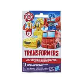 Transformers Tiny Turbo Changers Mini Conversion Figure blind bag, multicoloured packaging featuring Bumblebee and Optimus Prime, age 5+