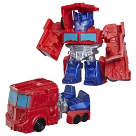 Transformers Optimus Prime toy shown in both robot and red truck vehicle modes, small figurine size