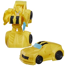 Transformers Bumblebee toy shown in both robot and yellow sports car modes, small palm-sized figure with blue detail