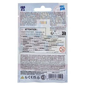 Transformers toy packaging reverse showing multilingual safety warnings, small parts caution, and age restriction symbols.