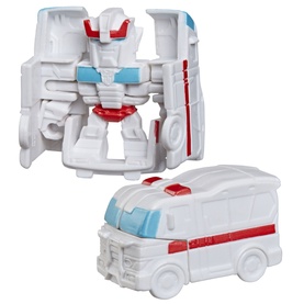 Transformers toy showing robot mode and ambulance vehicle mode, white with red and blue markings, two-piece display