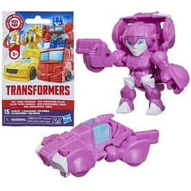 Transformers Tiny Turbo Changers mini figure in pink, shown with matching pink vehicle mode and branded packaging