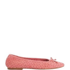 Dune Heat Woven Bow Ballet Pumps in pink suede, square toe, bow detail, slip-on style, tan resin sole