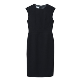 Hobbs black sleeveless shift dress with crew neck, fitted silhouette, and cap sleeves, displayed flat.
