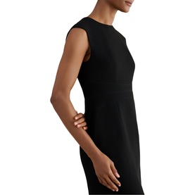 Model wearing Hobbs black sleeveless fitted dress with round neckline, shown from torso to mid-length in a side-angled view.