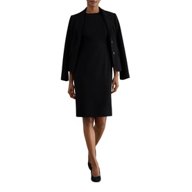 Model wearing Hobbs black shift dress, styled with a matching black longline blazer and black heels.